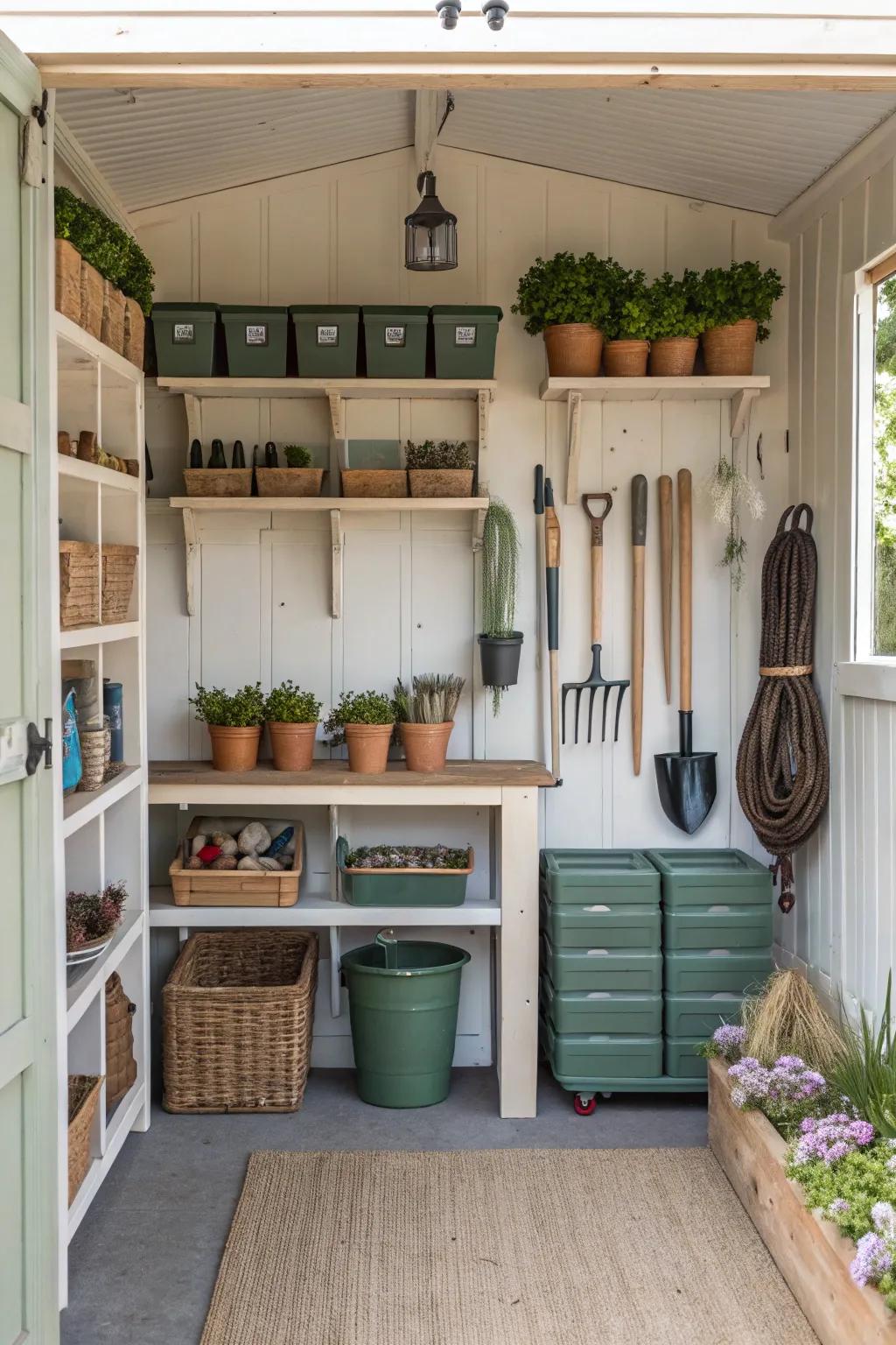 A well-maintained potting shed showcasing inventive storage solutions.