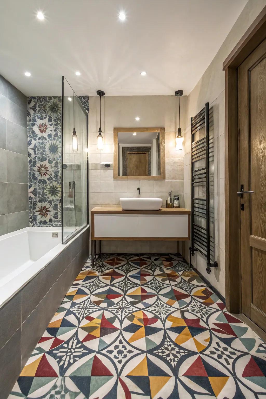 Geometric tiles bring a striking and modern aesthetic to any powder room.