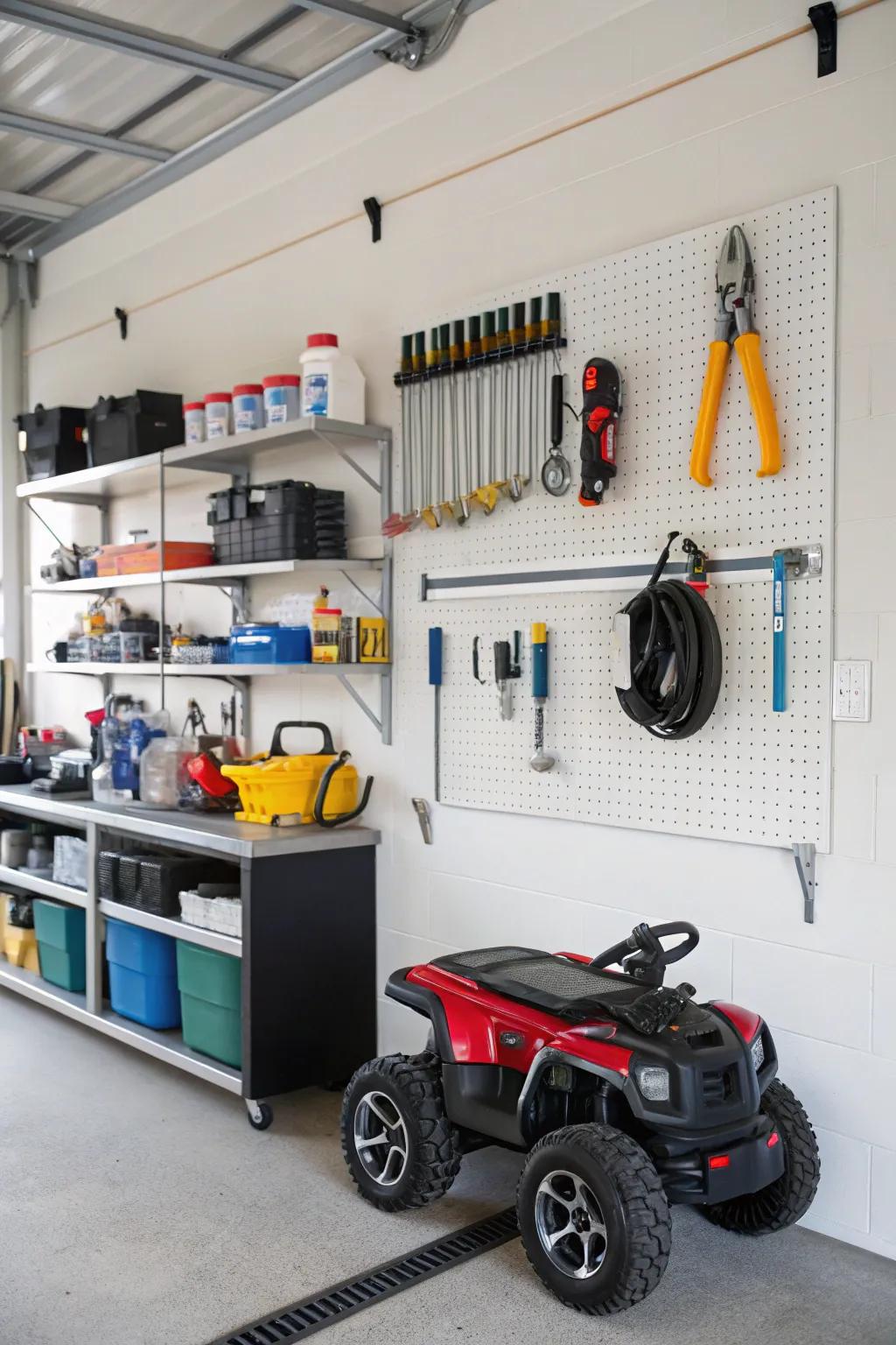 Motorized toy vehicles suspended from garage wall hooks for optimal storage.