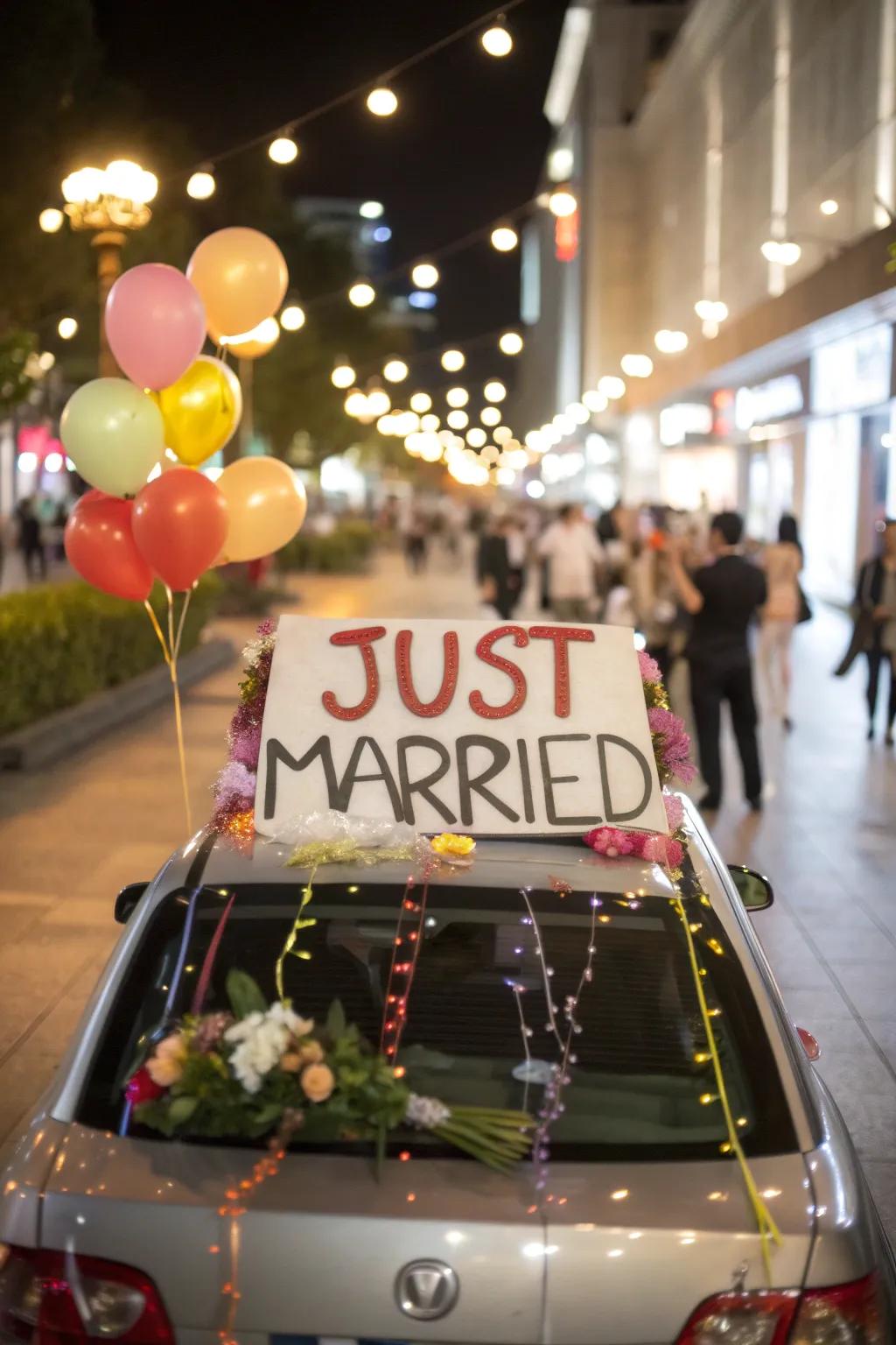 A traditional 'Just Married' sign gives the getaway car a classic touch.