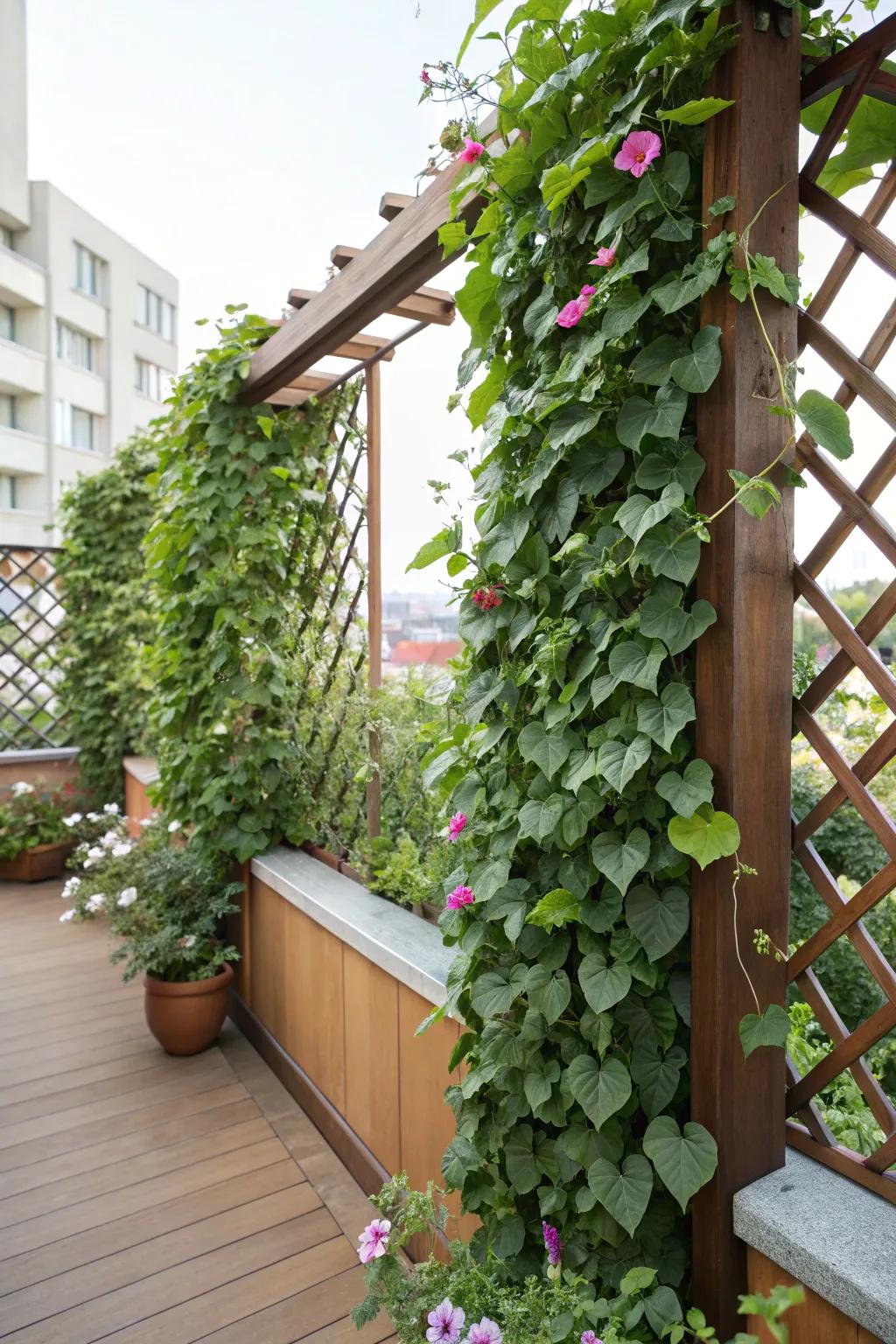 Establish a flourishing skyward garden to heighten privacy within limited perimeters.