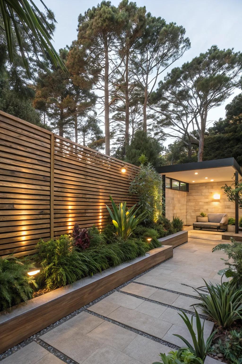 Wooden slat walls offer both privacy and a hint of modern sophistication.