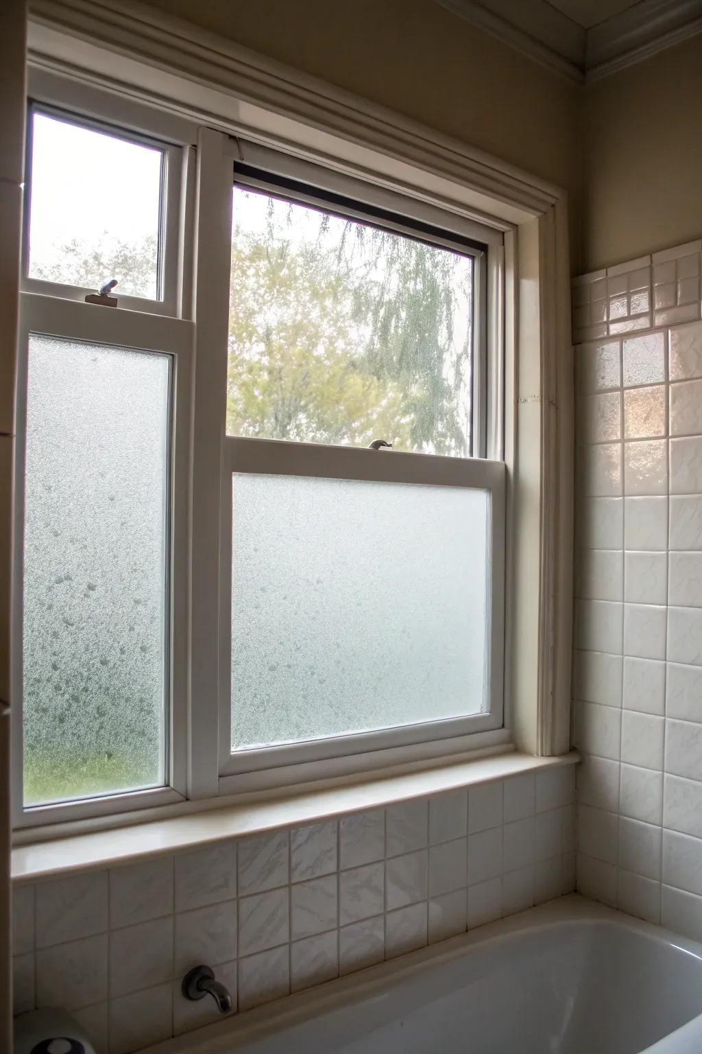 Opaque window sheeting provides an elegant privacy screen in bathrooms.