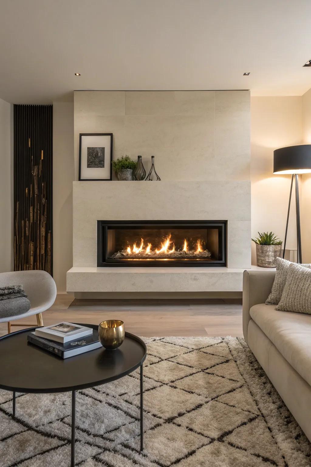 A minimalist living space showcasing a sleek propane fireplace as its defining characteristic.