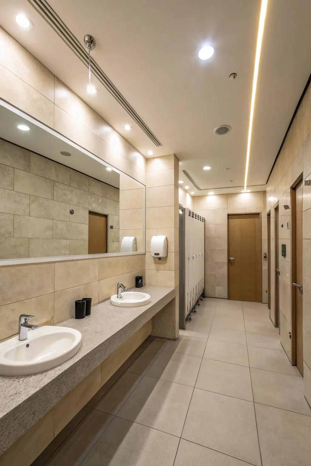 A streamlined public restroom that radiates tranquility through its uncluttered lines and neutral color scheme.