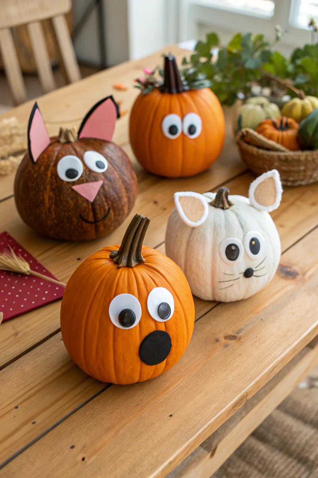 Pumpkins creatively fashioned into delightful critters.
