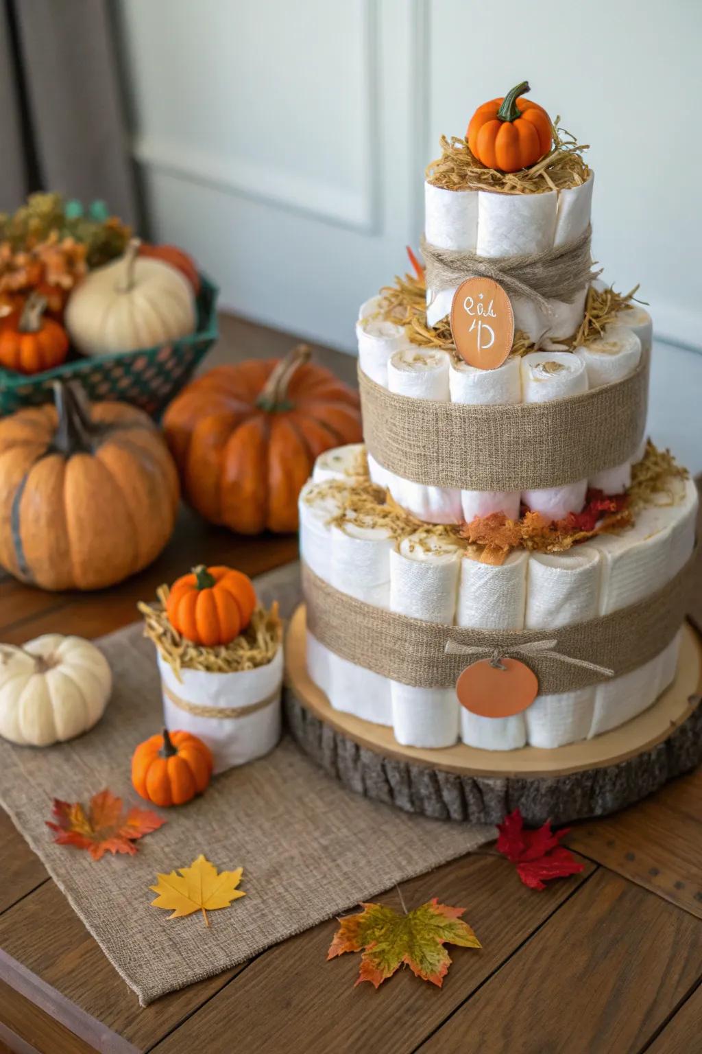 A classic pumpkin patch diaper cake is essential for any autumn baby shower.