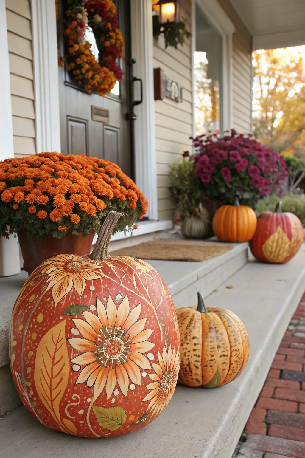 Floral-painted pumpkins contribute a vibrant element to any autumnal veranda.