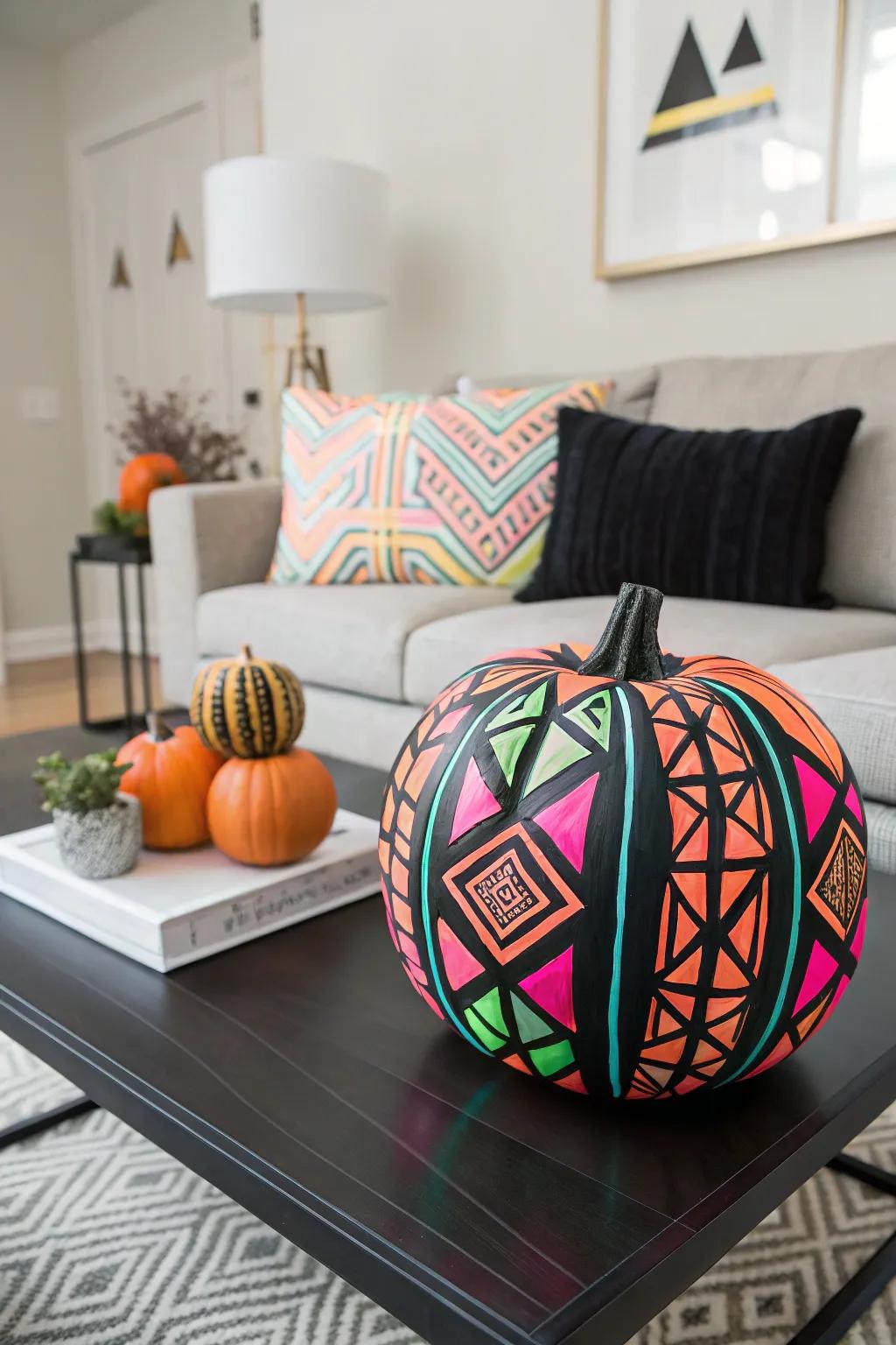 Infuse a contemporary vibe into your decor using bold geometric designs on pumpkins.