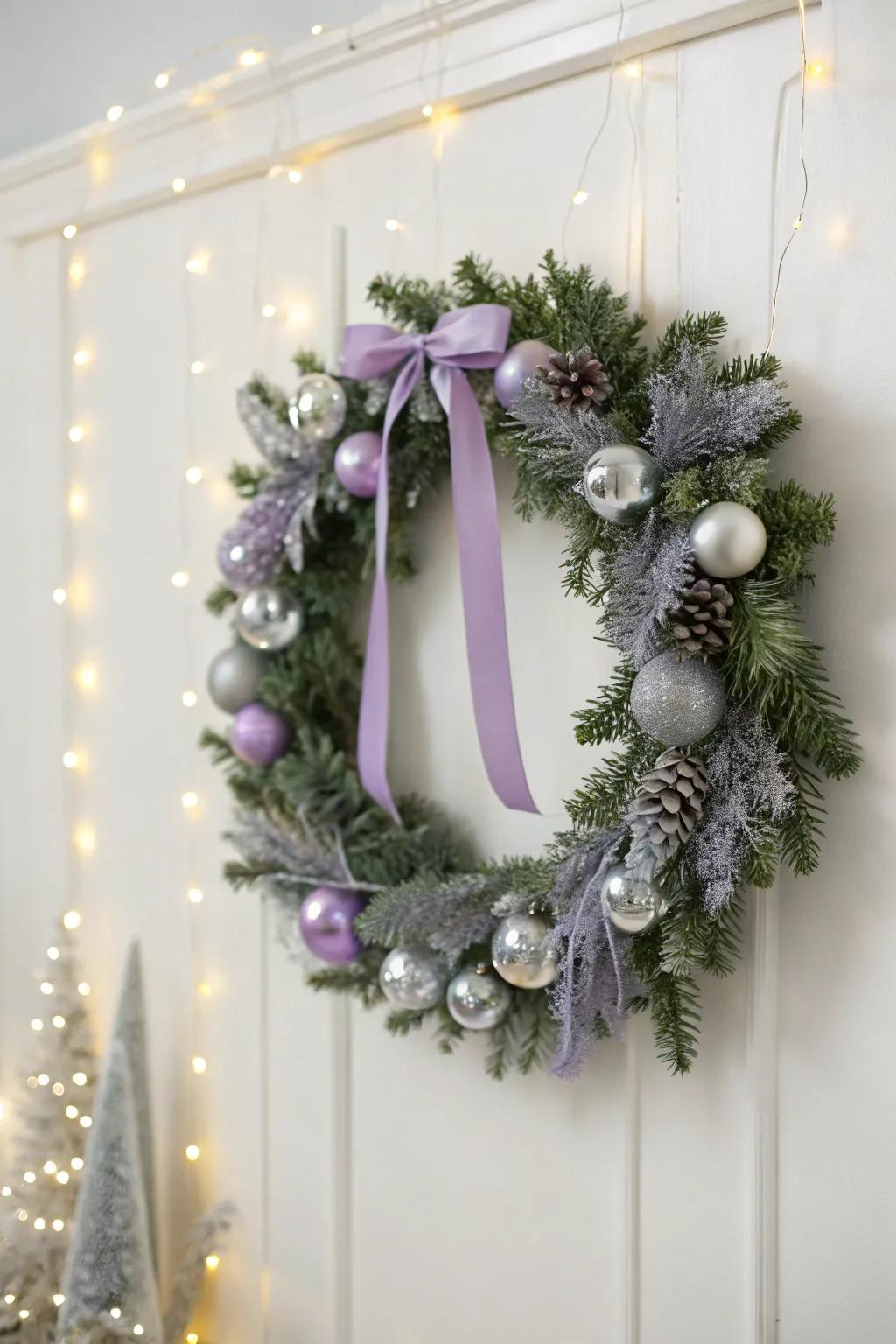 Lavender and silver combine to form an elegant Christmas wreath.