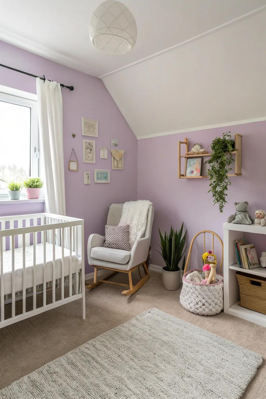 Violet walls evoke a tranquil and serene ambiance.