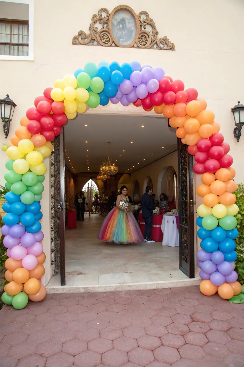 A spectacular balloon archway welcomes attendees to the quinceanera.