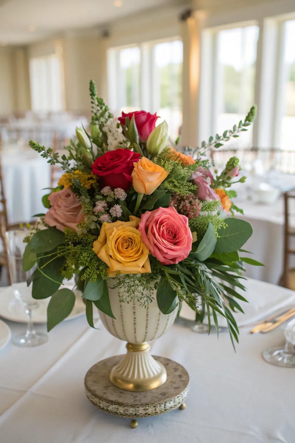 Elegant floral arrangements with roses and mixed flowers create a timeless look.