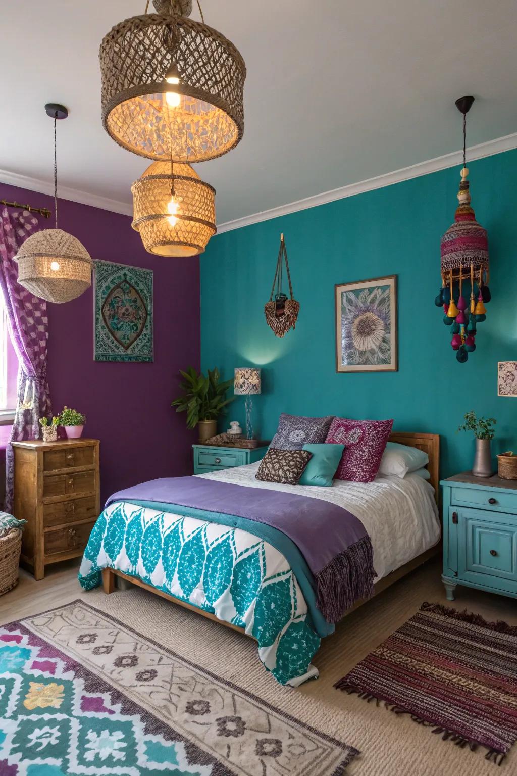 An adventurous bedroom that showcases a unique Cerulean and Amethyst color scheme.