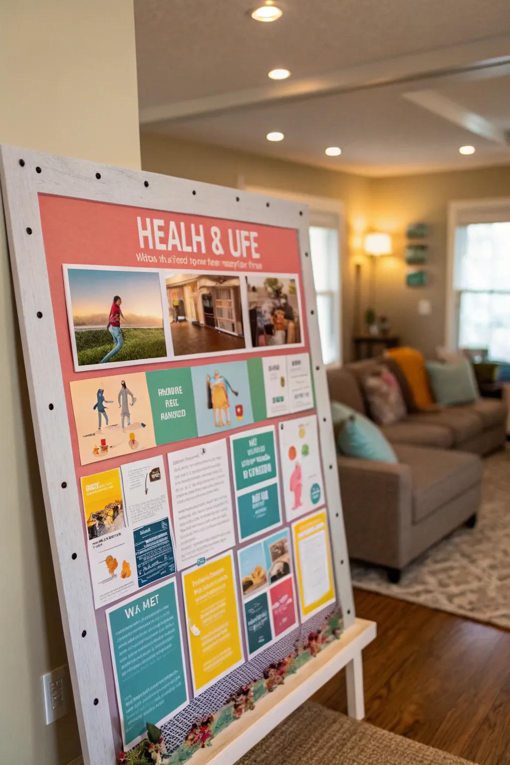 A pin board advertising well-being and health using bright visuals.