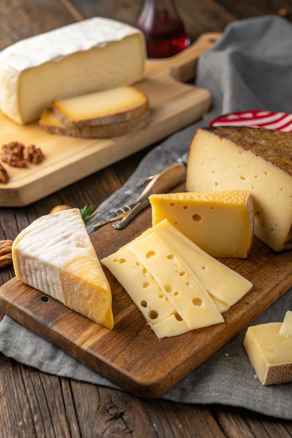 A selection of traditional Swiss cheeses, waiting to be melted.