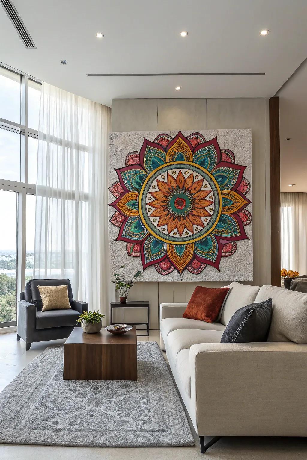 A vivid mandala showcased as a central element in an elegant living area.