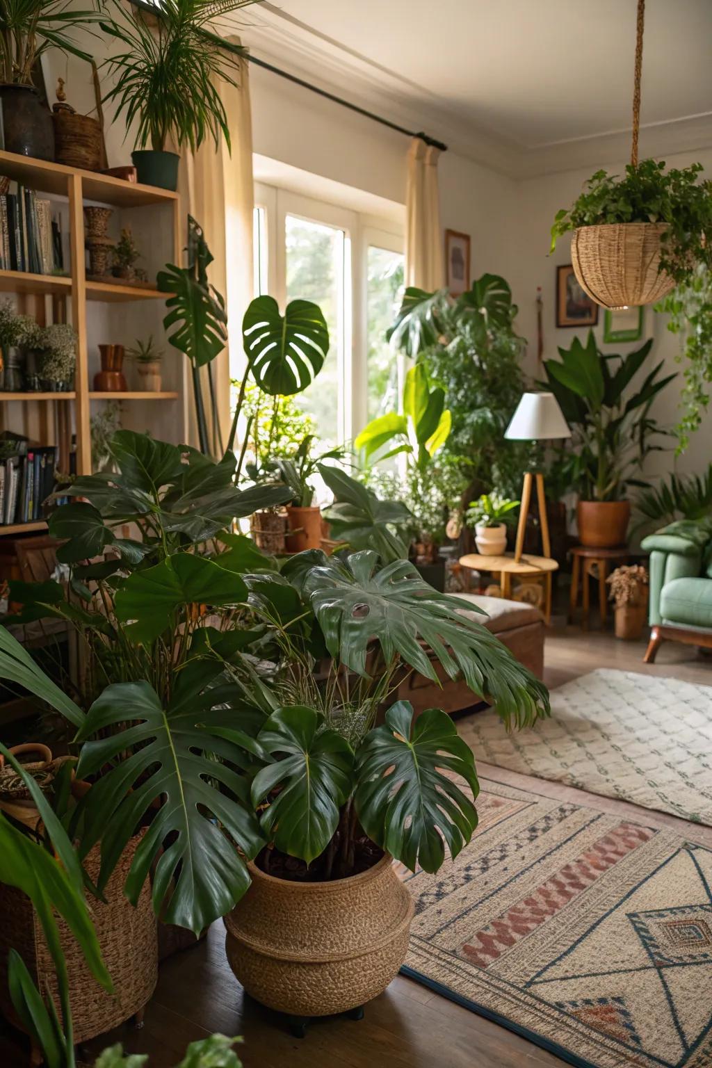 Establish a jungle-like atmosphere through a spectrum of luxuriant green plants.