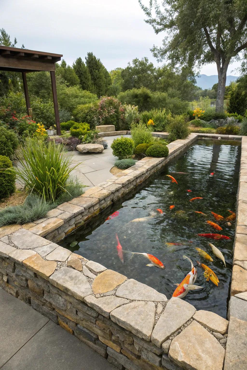 A raised koi pond featuring beautifully textured natural stone borders.