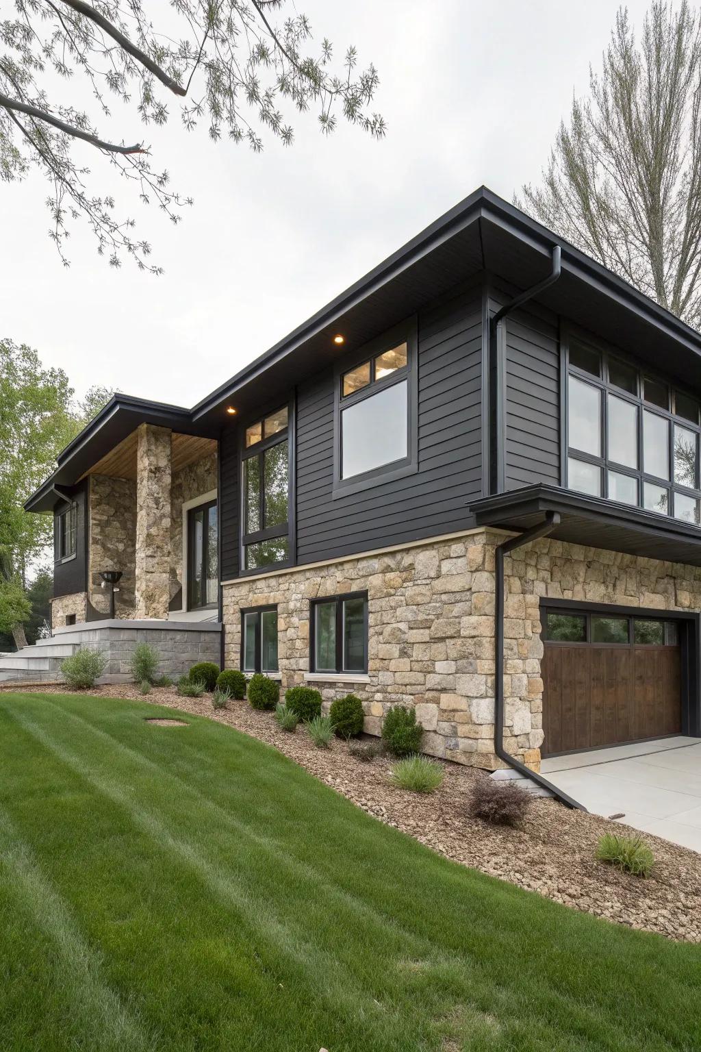 A contemporary front elevation featuring rock accents and shadowy siding on a raised ranch dwelling.