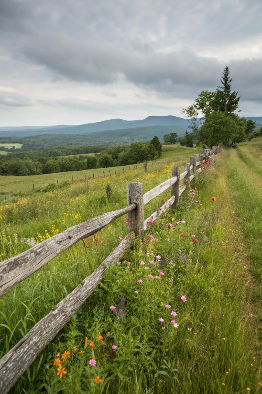 A classic split rail fence elegantly outlines a rustic garden setting.