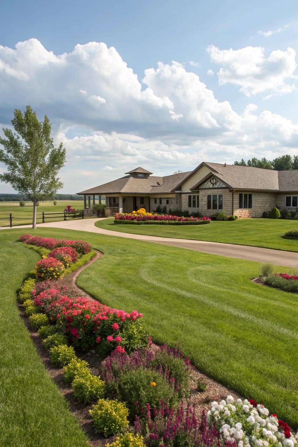 Lush lawns and colorful flower beds boost the ranch home's curb appeal.