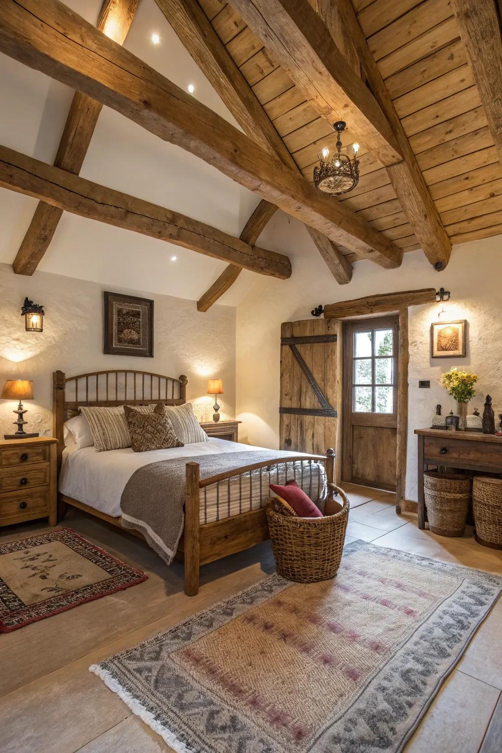 A ranch-style bedroom showcasing exposed wooden beams and countryside decor.