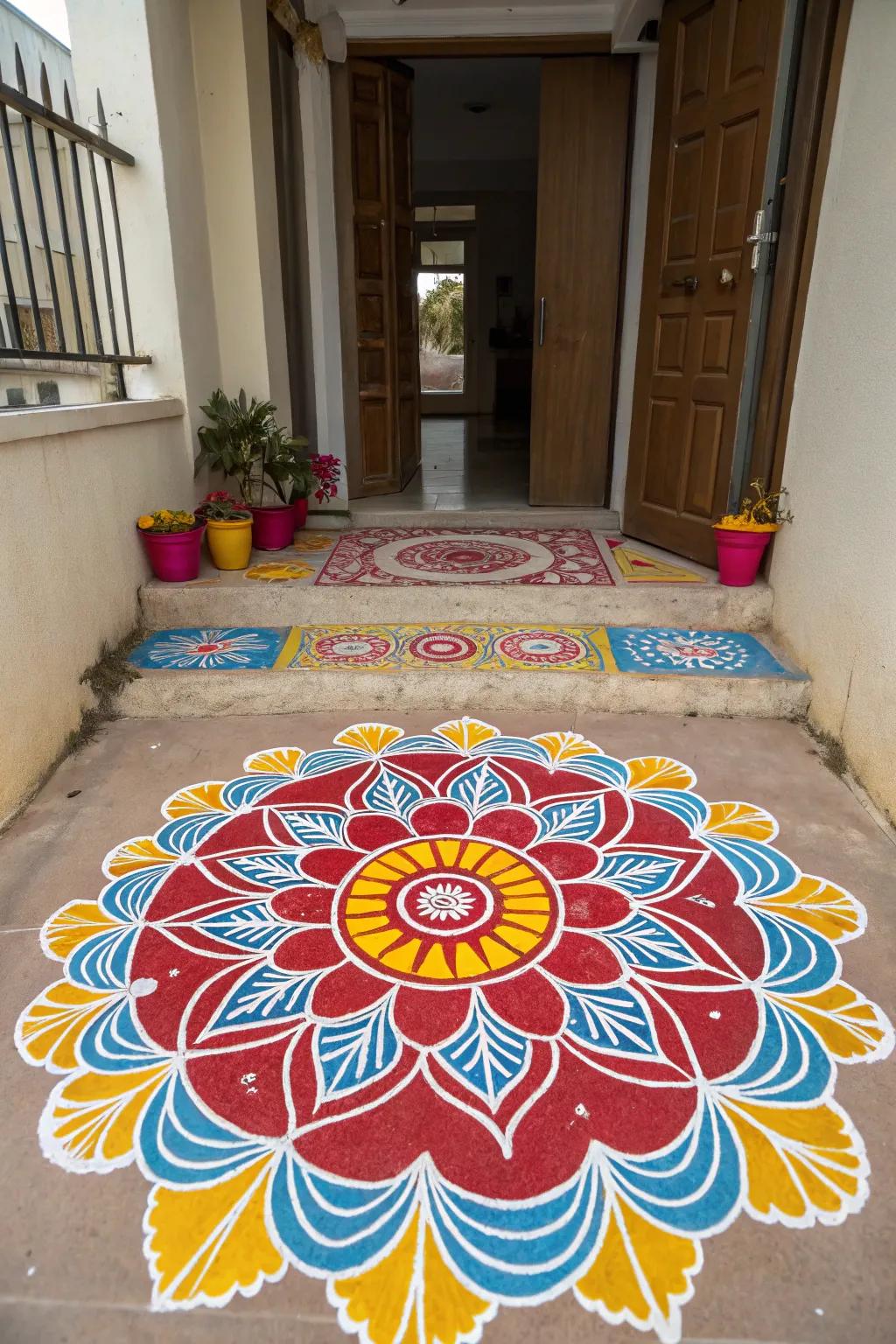 Radiant hues burst to life in this rangoli design, the perfect touch for Diwali celebrations.