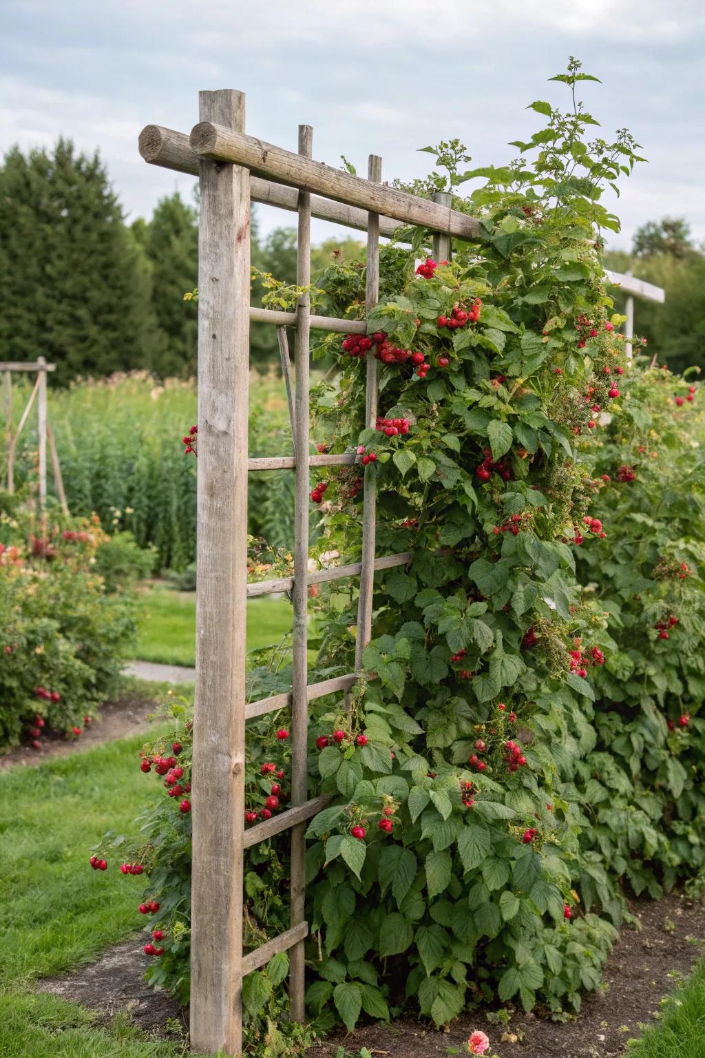 A traditional wooden trellis stands prominently amidst a raspberry garden.