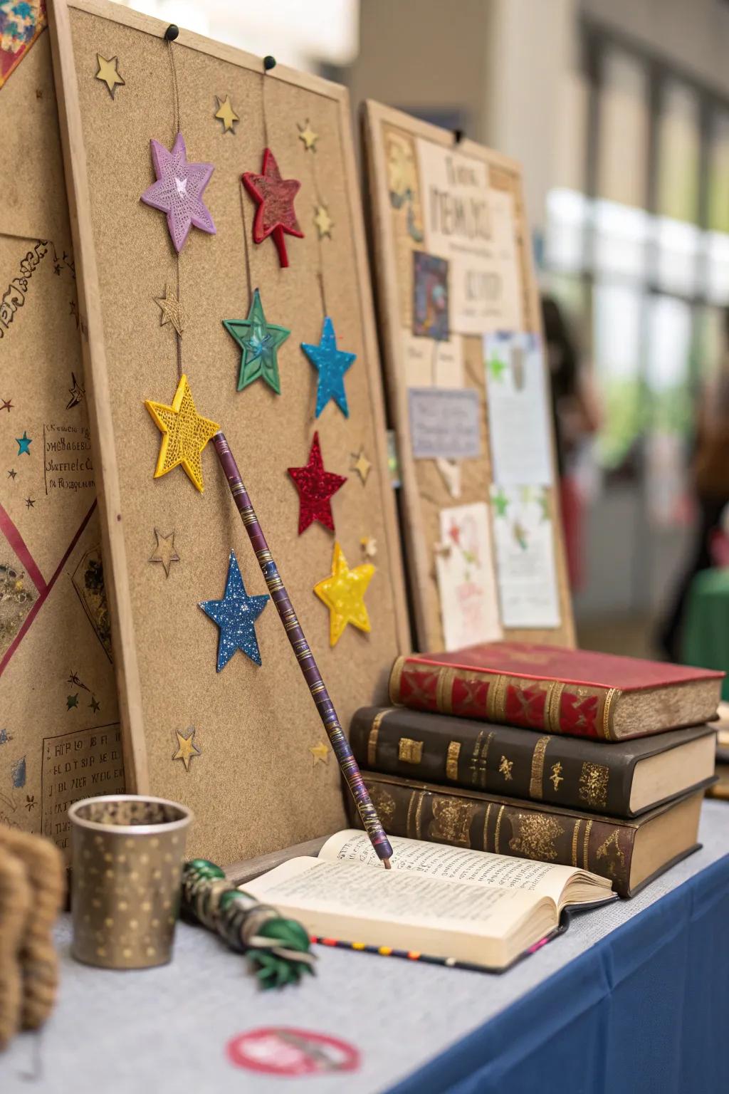 A magical bulletin board inviting young readers to explore enchanted stories.