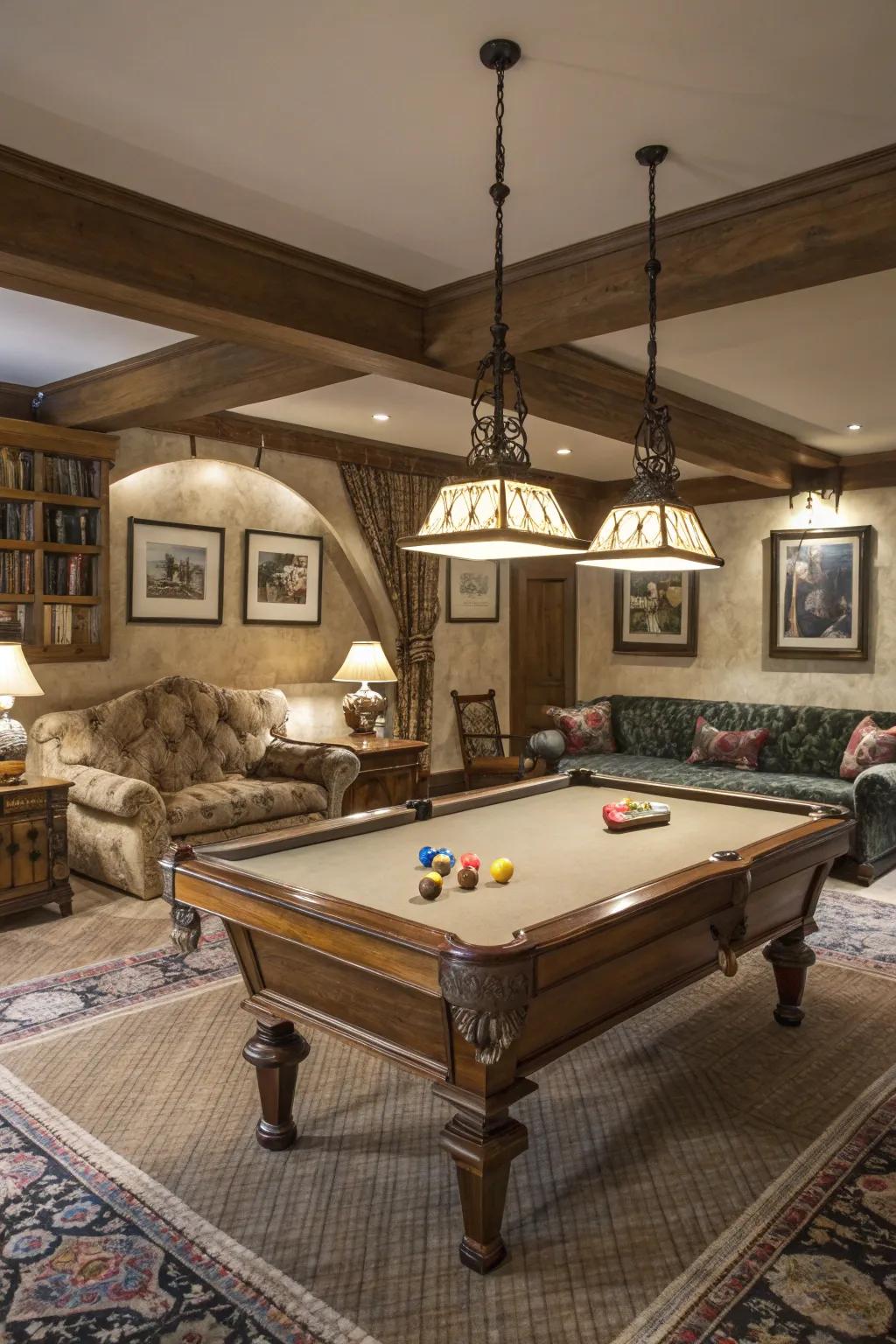 A snooker table introduces a timeless element to your recreation space.