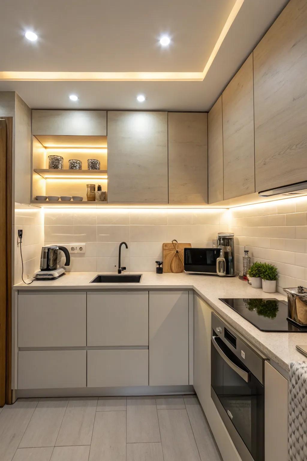 Under-cabinet lighting enhances the brightness of your workspace.