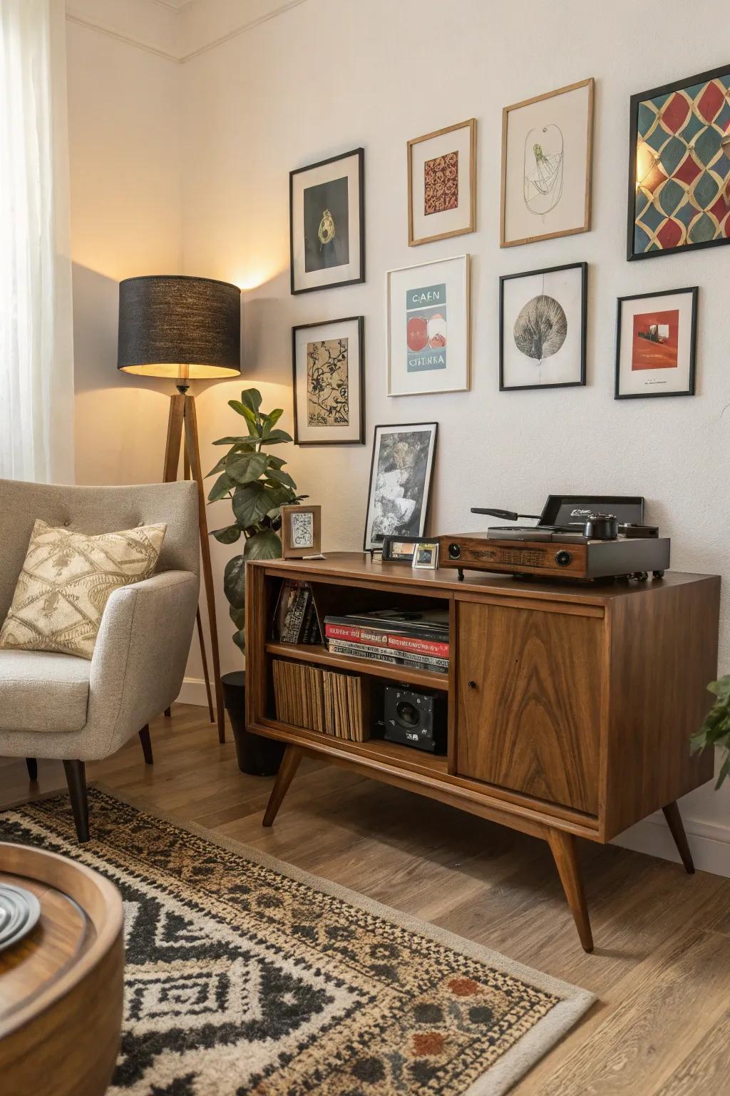 Mid-century modern record player space with timeless appeal.