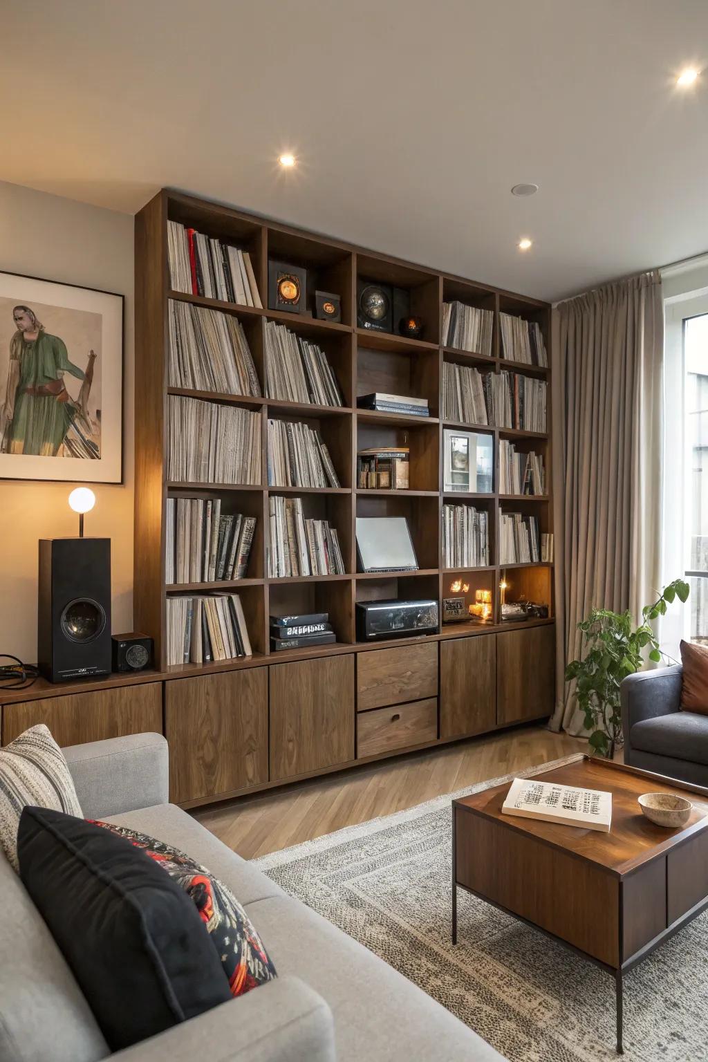 Bookshelves serve both functionally and decoratively for record storage.