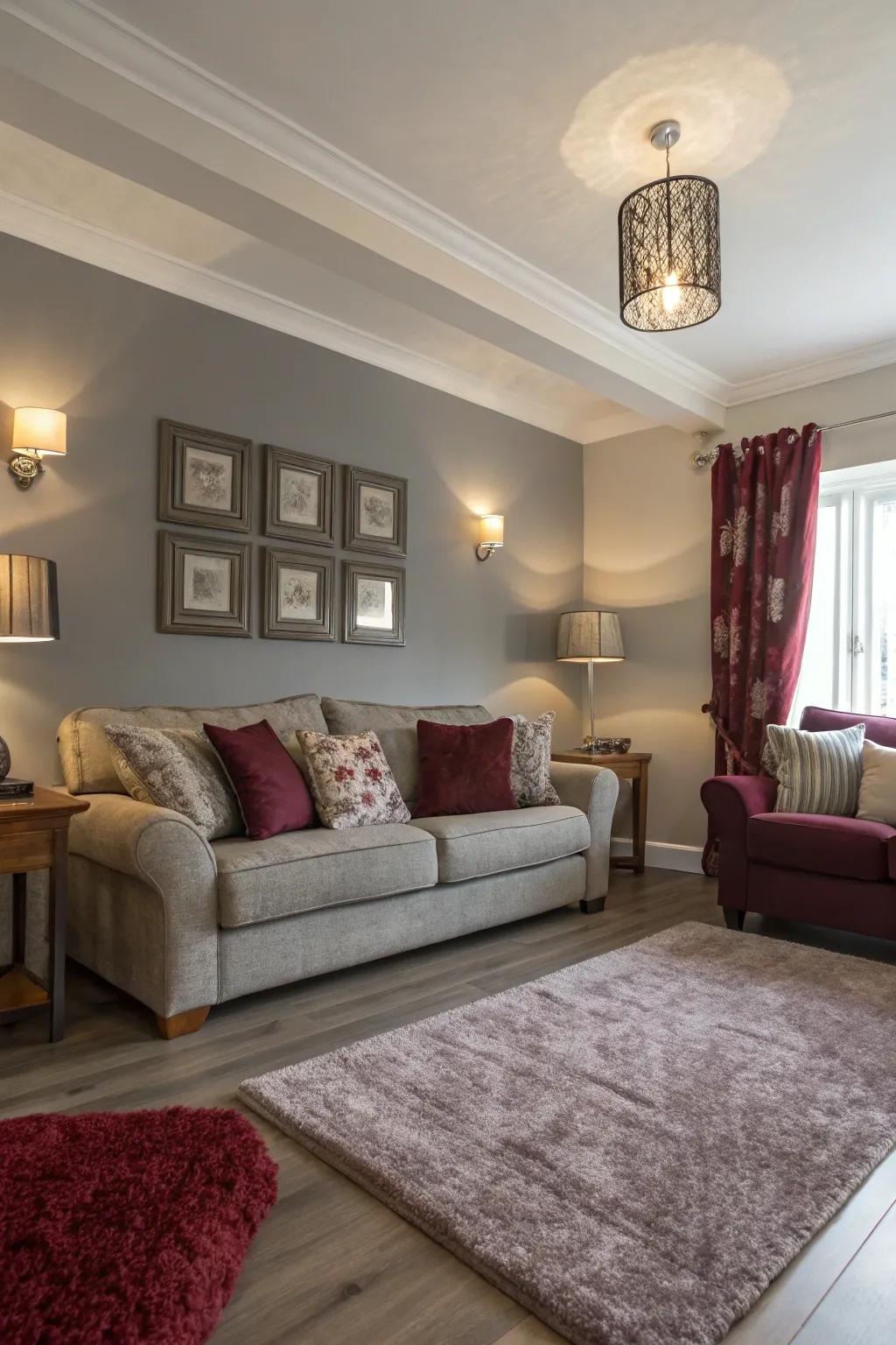 A welcoming living area where light gray and deep red achieve perfect harmony.