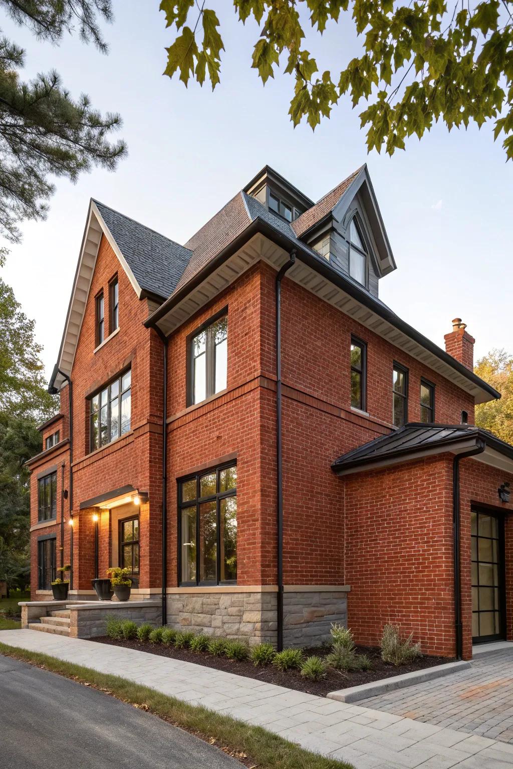A seamless combination of contemporary and traditional design elements on a red brick house.