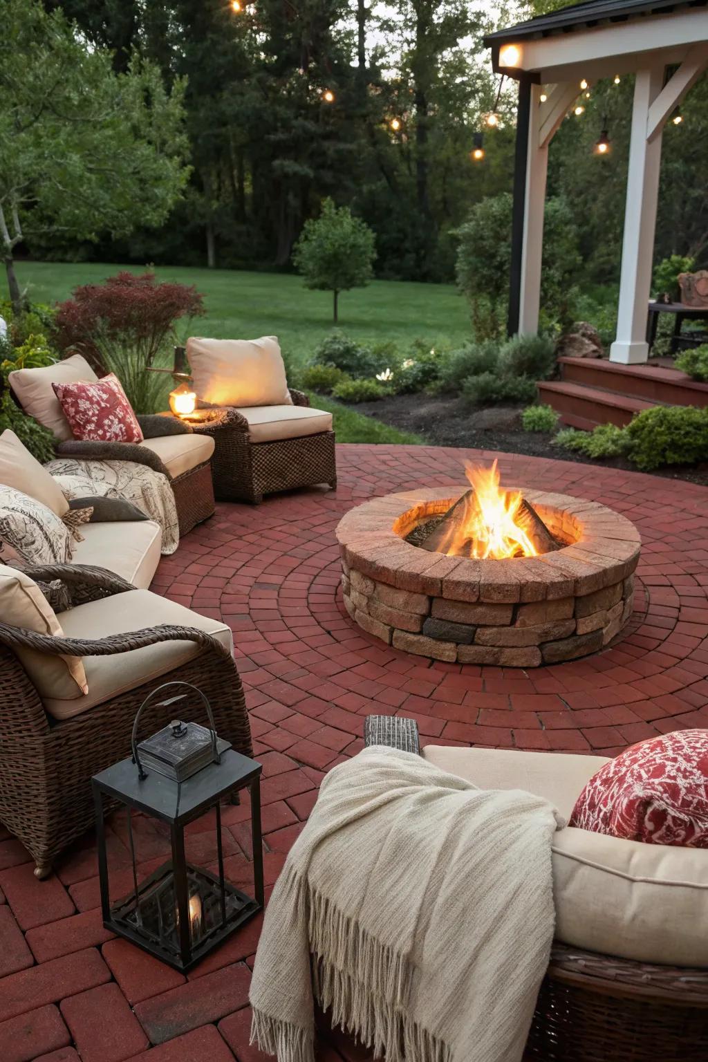 A red brick patio showcasing a snug fire pit arrangement
