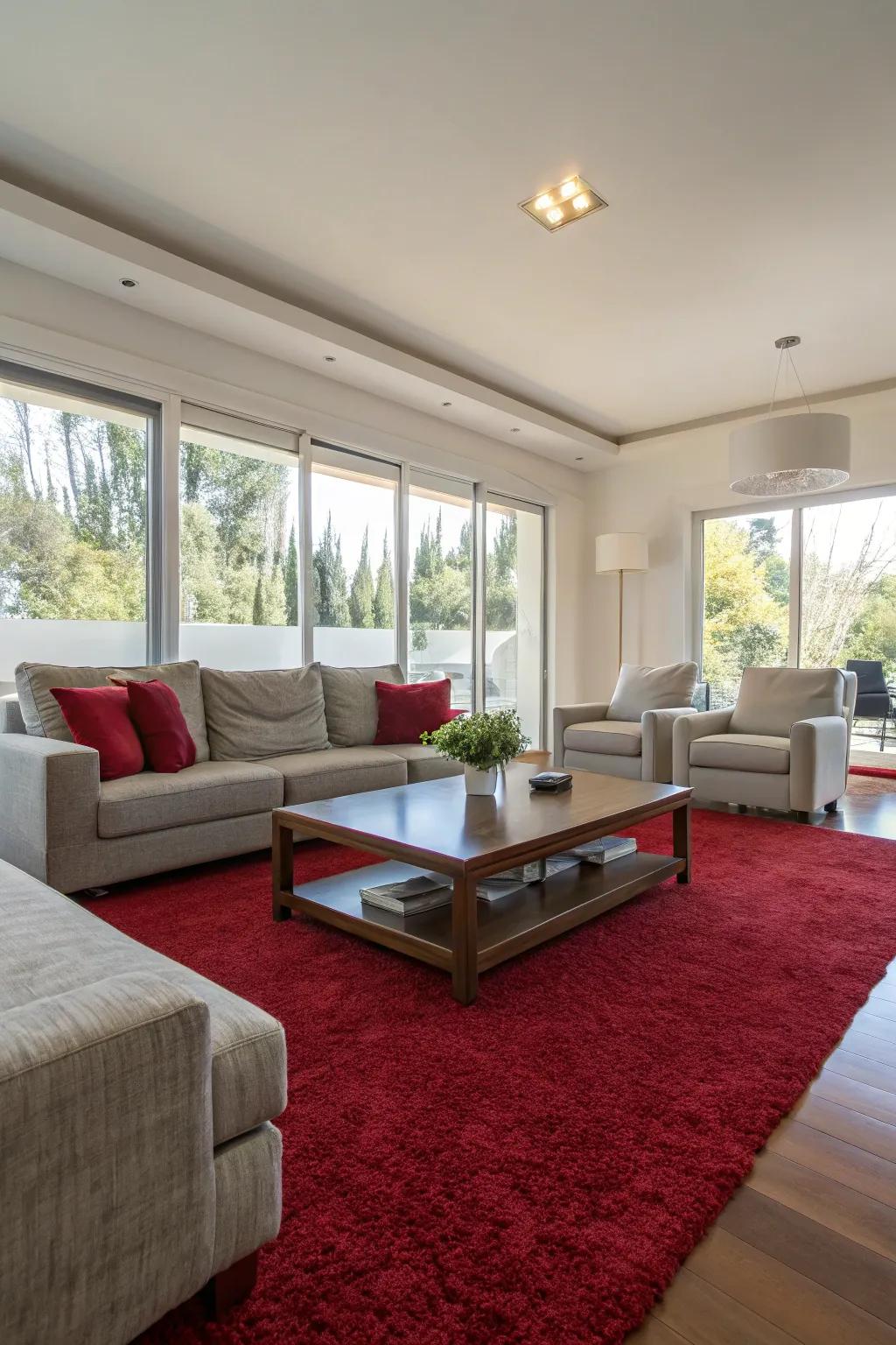 A contemporary lounge featuring a sumptuous scarlet floor covering that defines the seating space.