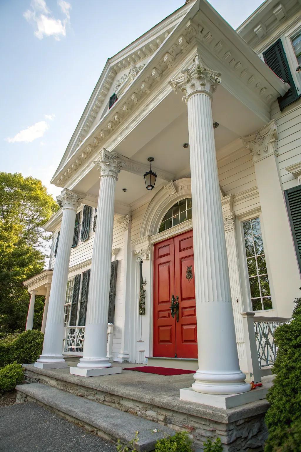 Colonial residence featuring a striking red entrance door, filled with enduring charm.