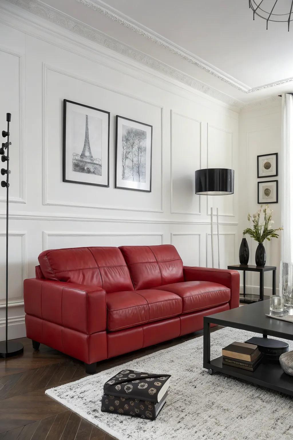 A minimalist backdrop enhances the daring nature of your scarlet hide settee.
