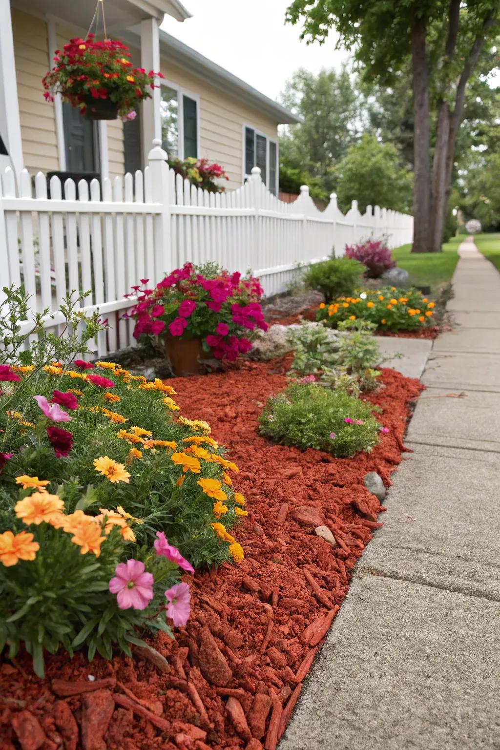 Crimson ground cover enhances the vibrant colors of flowers, creating a striking garden display.