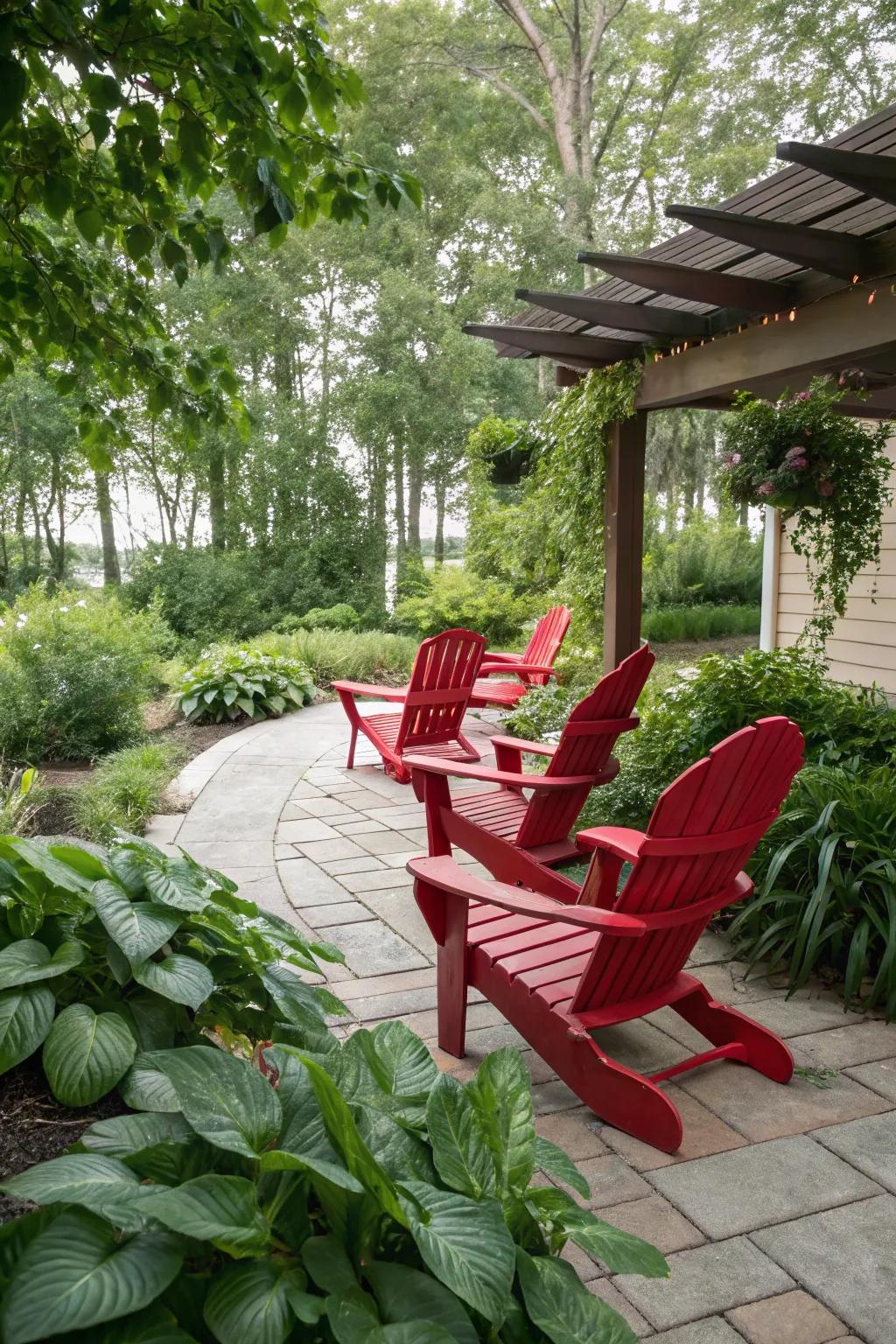 Scarlet leisure chairs provide a strong contrast against the green surroundings.