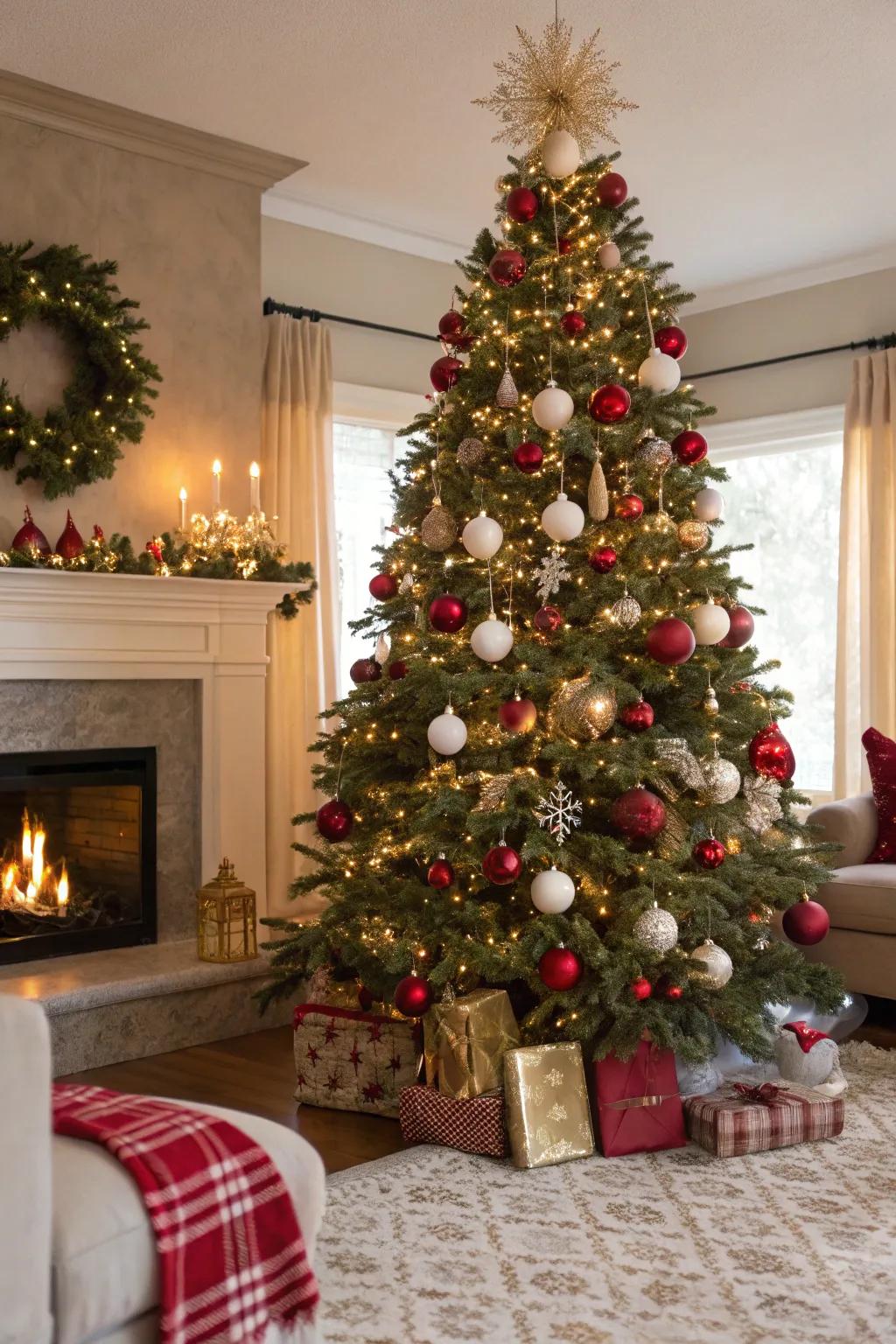 A Christmas tree radiates classic elegance with its array of red and gold ornaments.