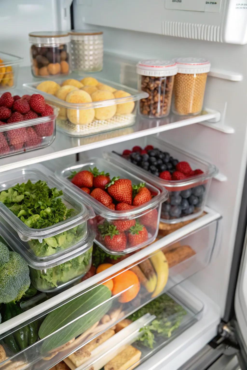 Transparent containers facilitate easy content identification and refrigerator organization.