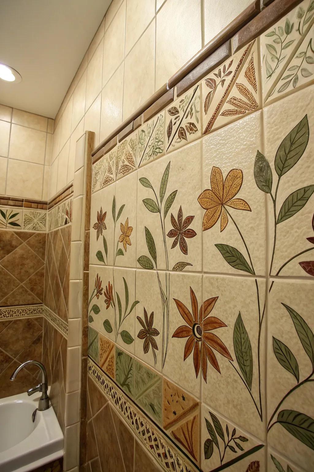 Earthy shades and foliage motifs in textured tiles evoke the outdoors.