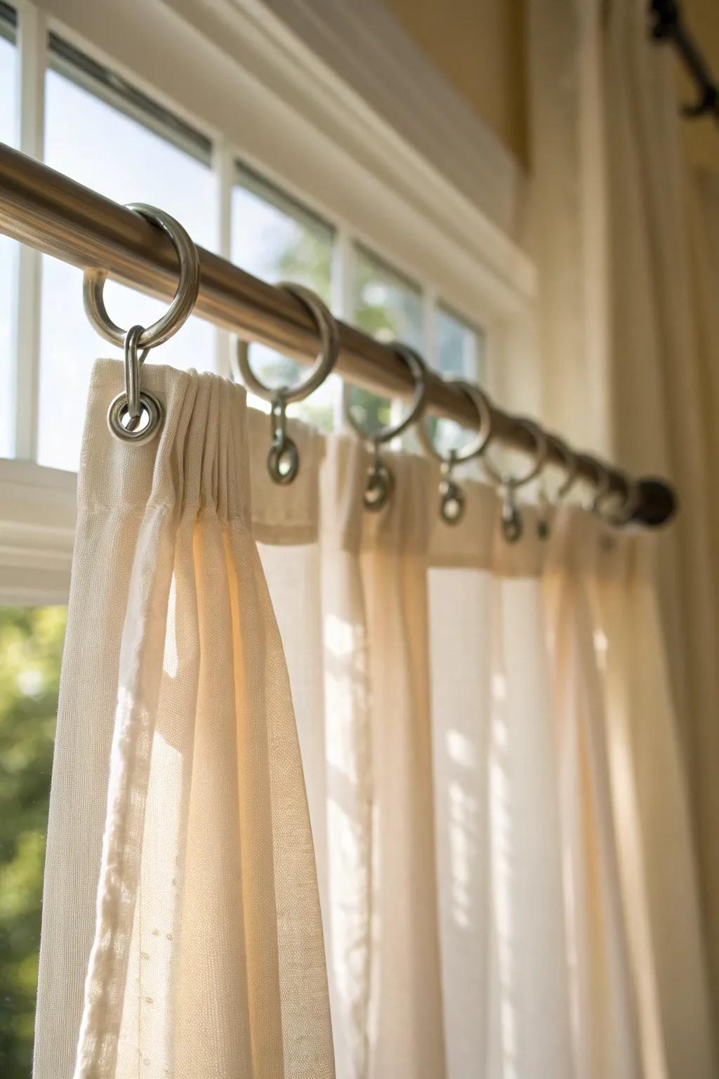 Curtains supported gracefully by command hooks, causing no wall damage.