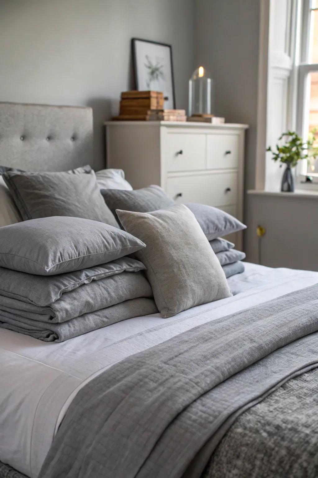 Layered fabrics in repose gray contribute depth and coziness to the bedroom.
