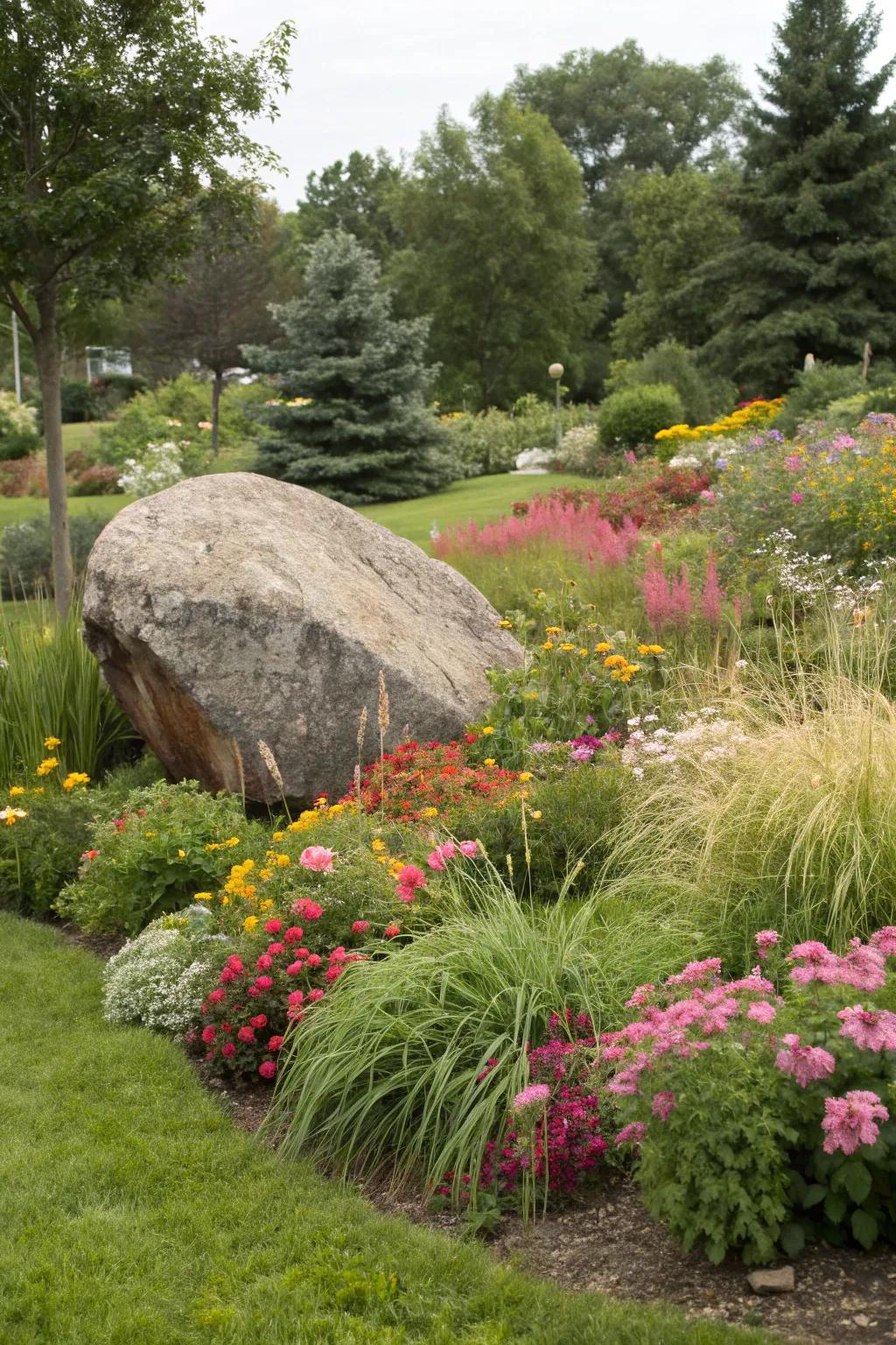 An impressive natural stone centerpiece enveloped by nature’s vibrant hues.