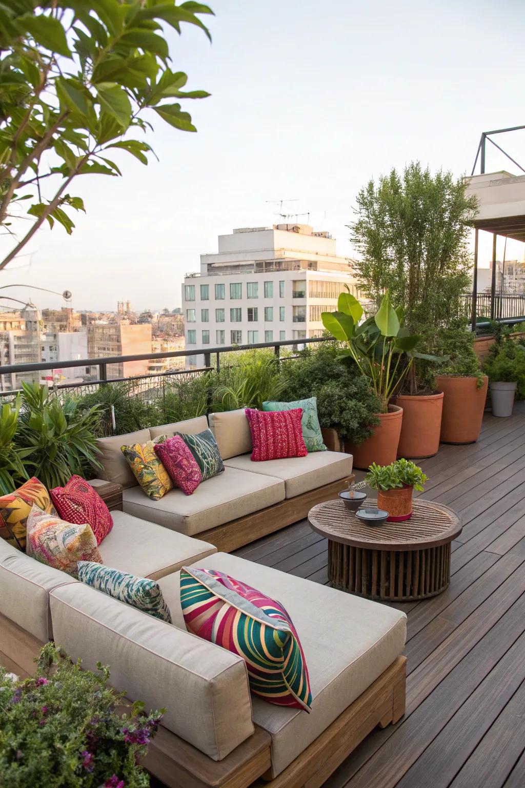 Revamp your rooftop into an inviting lounge by incorporating plush seating and vibrant cushions.