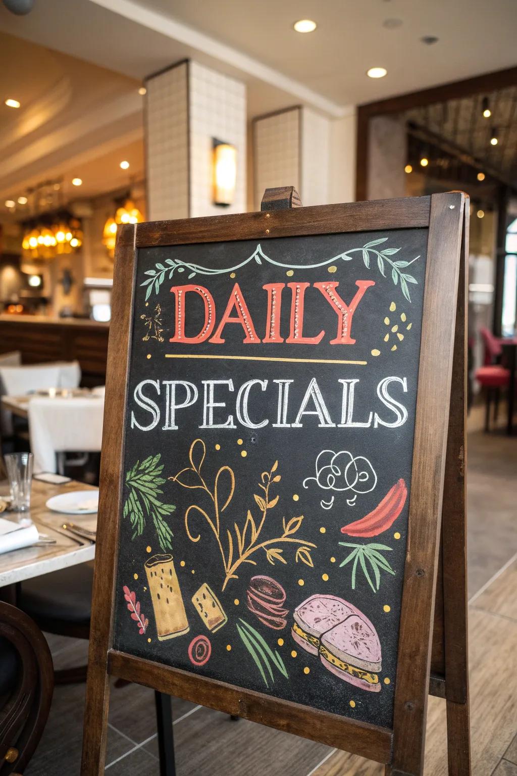 A restaurant chalkboard dazzlingly displays daily specials with vibrant hues and artwork.